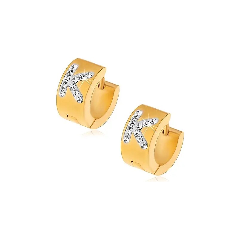 Šperky Eshop - Ocelové náušnice s kloubovým zapínáním, zlatý odstín, čiré zirkonové písmeno K S04.14