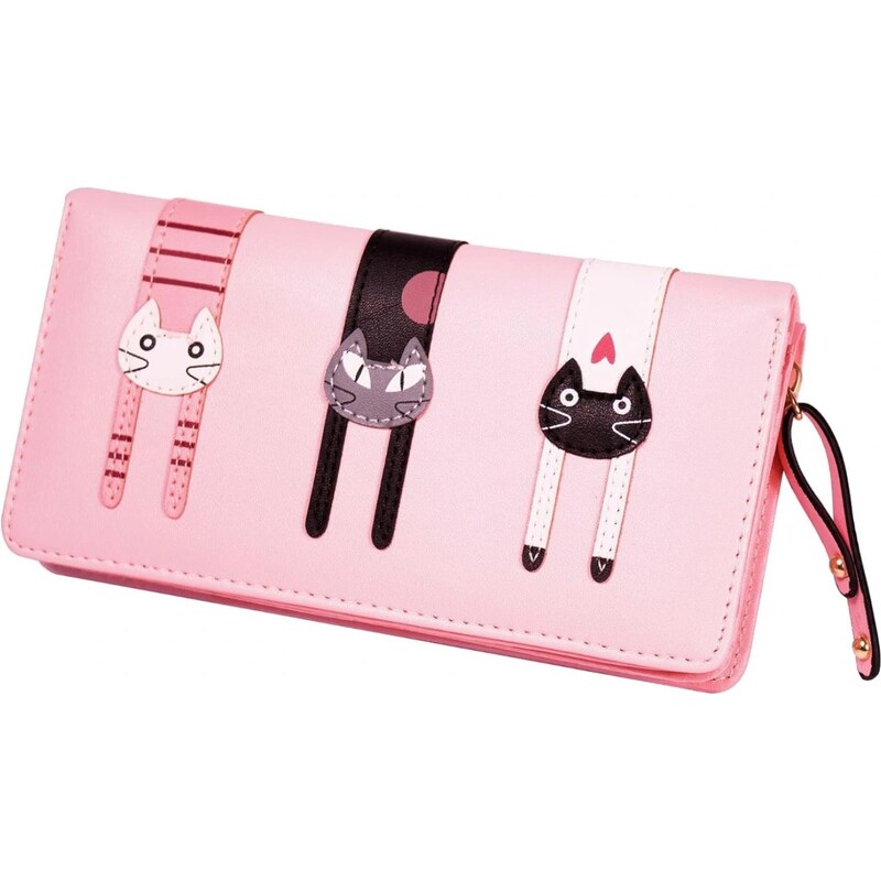 Camerazar Velká dámská peněženka s kočičím vzorem, růžová ekokůže, 19,5 x 9,5 x 3,2 cm