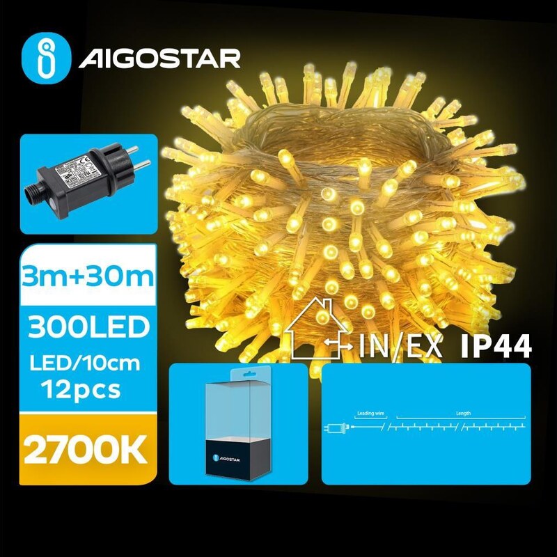 Aigostar B.V. Aigostar - LED Venkovní vánoční řetěz 300xLED/8 funkcí 33m IP44 teplá bílá AI0485