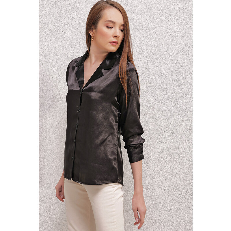 Bigdart 20140 Double Breasted Collar Satin Shirt - Black