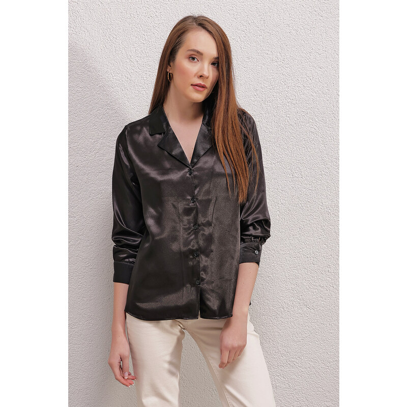 Bigdart 20140 Double Breasted Collar Satin Shirt - Black