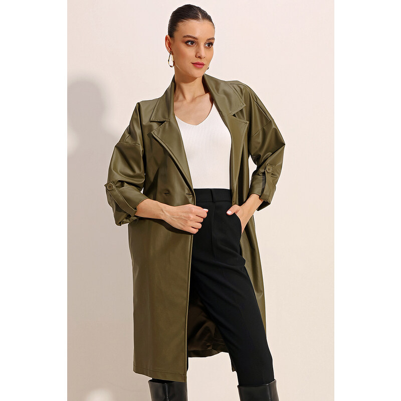 Bigdart 1034 Belted Faux Leather Trench Coat - Khaki