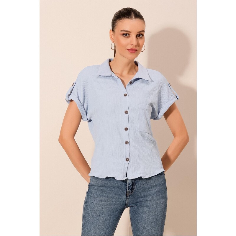 Bigdart 20187 Short Sleeve Oversize Knitted Shirt - Blue