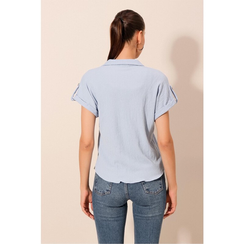 Bigdart 20187 Short Sleeve Oversize Knitted Shirt - Blue