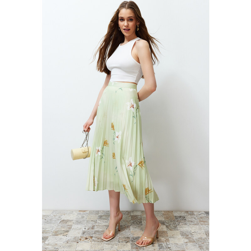 Trendyol Multi Color Floral Pattern Pleated Satin Fabric Maxi Length Woven Skirt