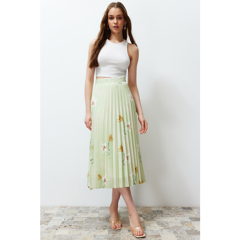 Trendyol Multi Color Floral Pattern Pleated Satin Fabric Maxi Length Woven Skirt