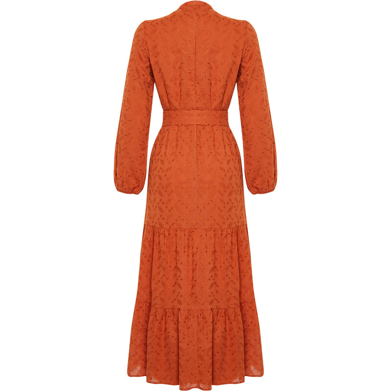 Trendyol Cinnamon Stand Collar Embroidery Lace Lined Woven Dress