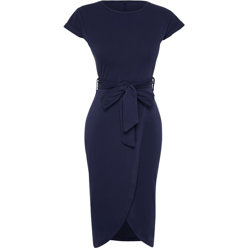 Trendyol Navy Blue 100% Cotton Double Breasted Closure Tie Detailed Midi Knitted Maxi Dress