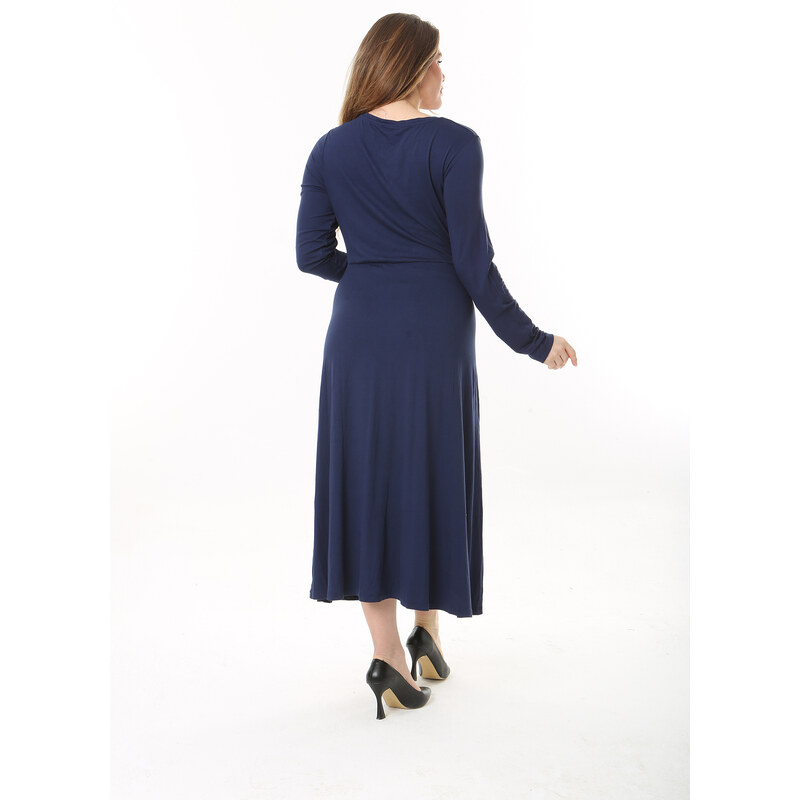 Şans Women's Plus Size Navy Blue Kiss Collar Long Sleeve Dress