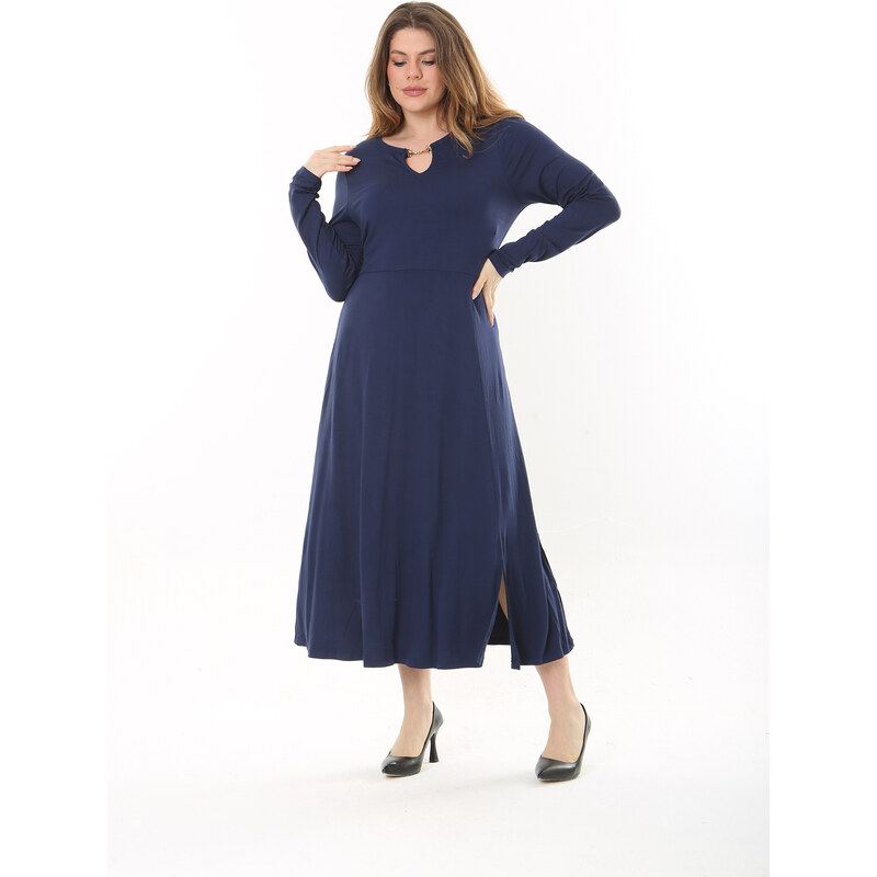 Şans Women's Plus Size Navy Blue Kiss Collar Long Sleeve Dress