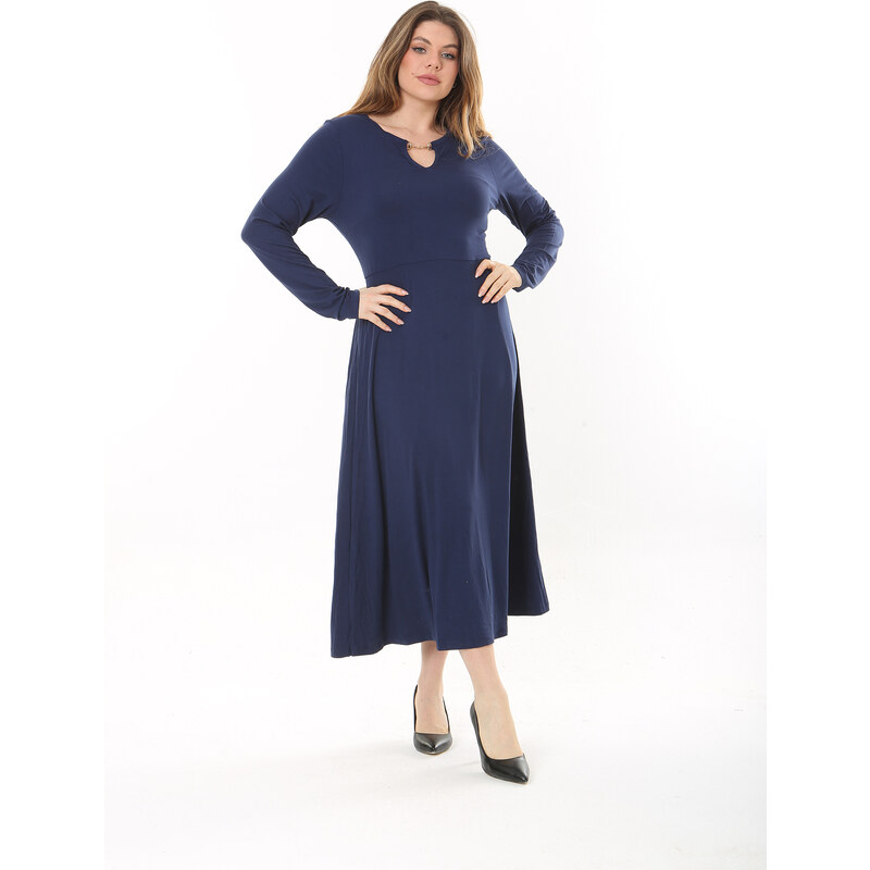 Şans Women's Plus Size Navy Blue Kiss Collar Long Sleeve Dress