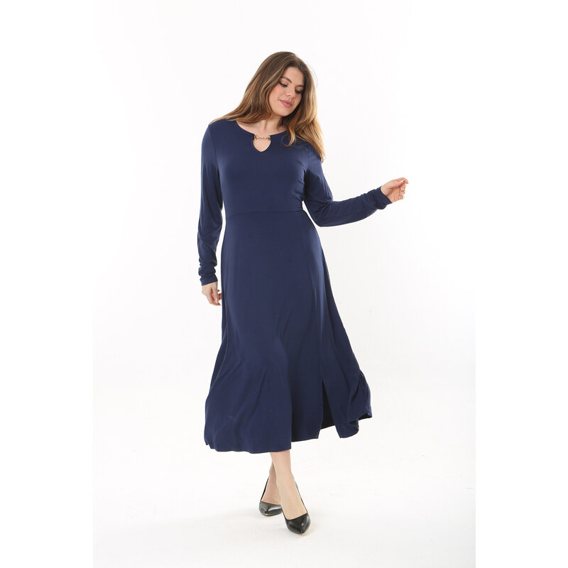 Şans Women's Plus Size Navy Blue Kiss Collar Long Sleeve Dress