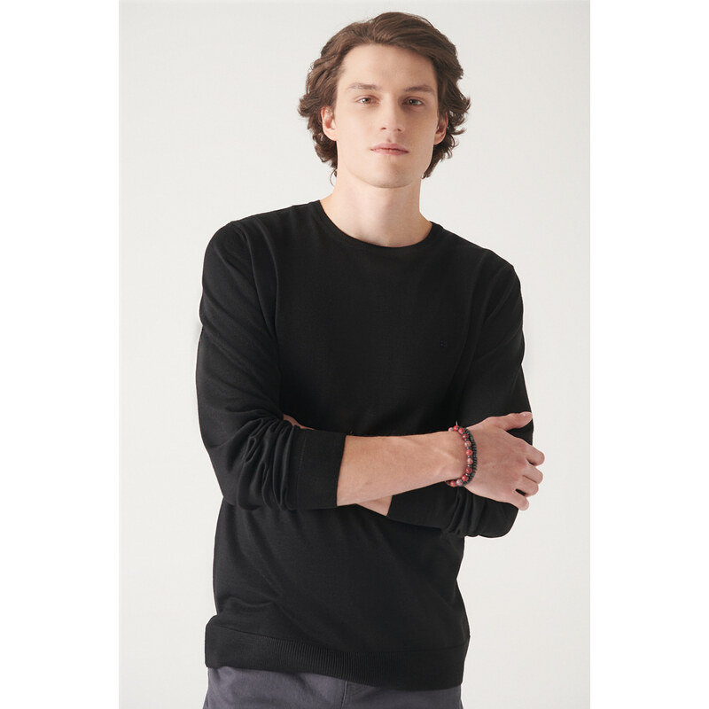 Avva Men's Black Crew Neck Wool Blended Regular Fit Knitwear Sweater