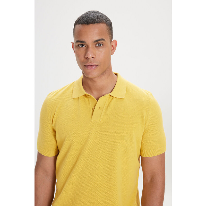 AC&Co / Altınyıldız Classics Pánské Žlutá Standard Fit Regular Fit Polo Neck 100% bavlna Vzorované Krátký rukáv Pletené tričko