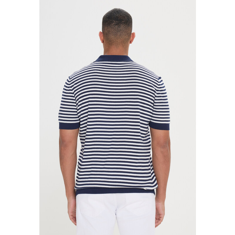 AC&Co / Altınyıldız Classics Men's Navy Blue-White Standard Fit Regular Cut Polo Neck 100% Cotton Short Sleeves Striped Knitwear T-Shirt.