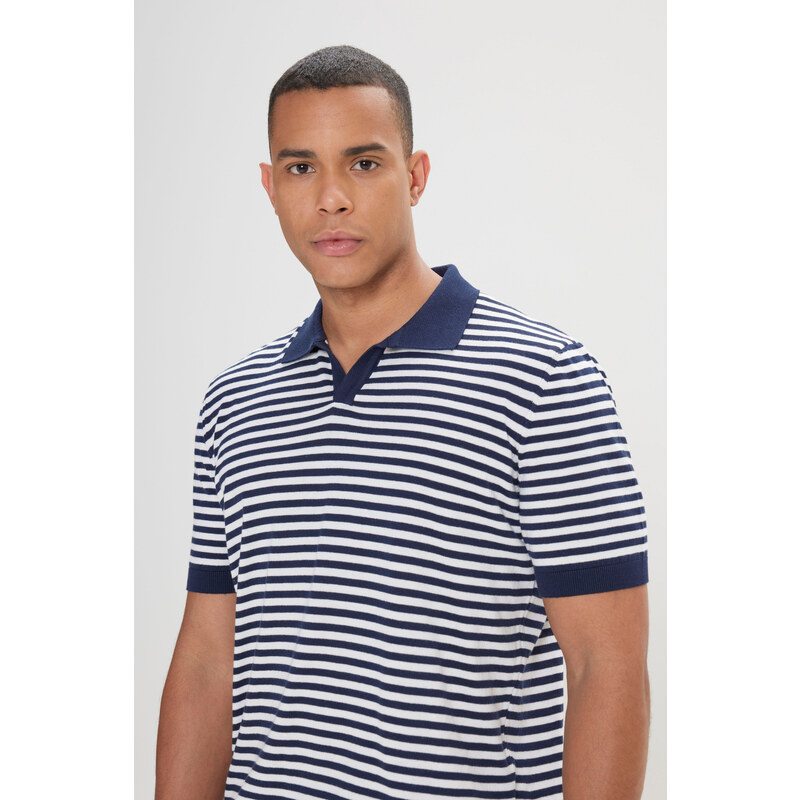 AC&Co / Altınyıldız Classics Men's Navy Blue-White Standard Fit Regular Cut Polo Neck 100% Cotton Short Sleeves Striped Knitwear T-Shirt.