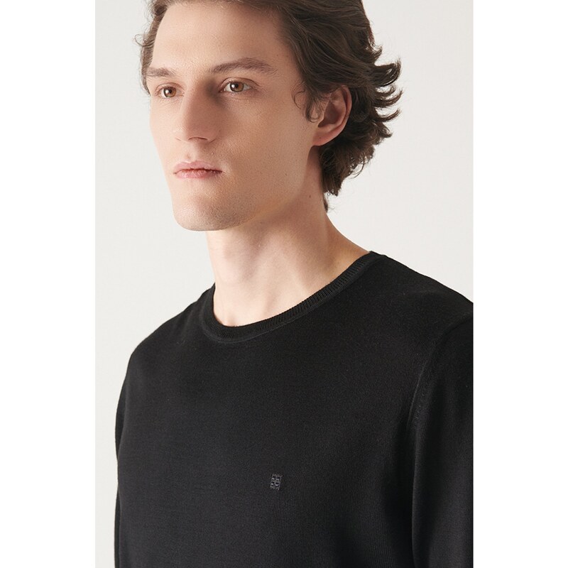 Avva Men's Black Crew Neck Wool Blended Regular Fit Knitwear Sweater