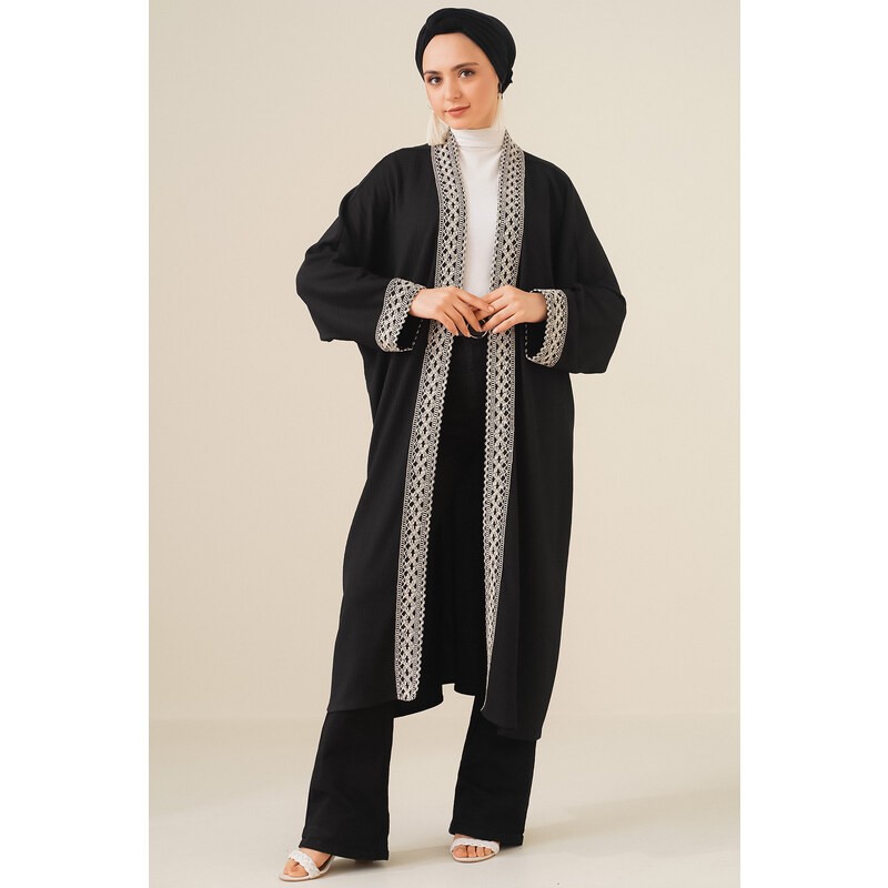 Bigdart 5865 Embroidered Knitted Long Kimono - Black