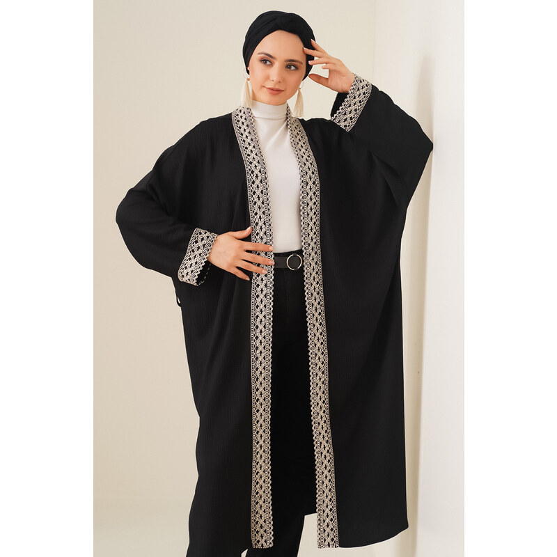 Bigdart 5865 Embroidered Knitted Long Kimono - Black