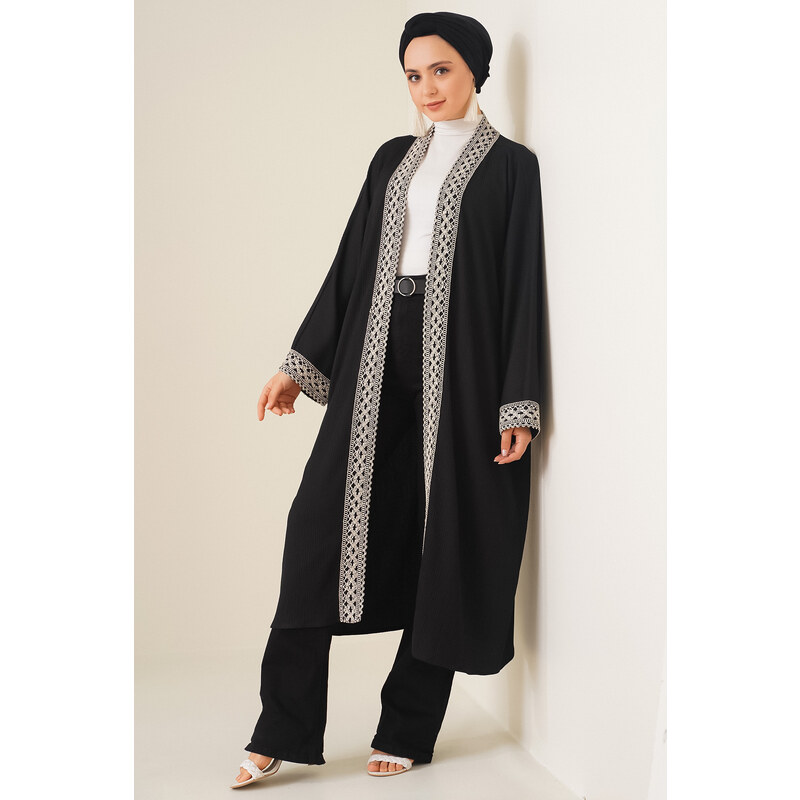 Bigdart 5865 Embroidered Knitted Long Kimono - Black