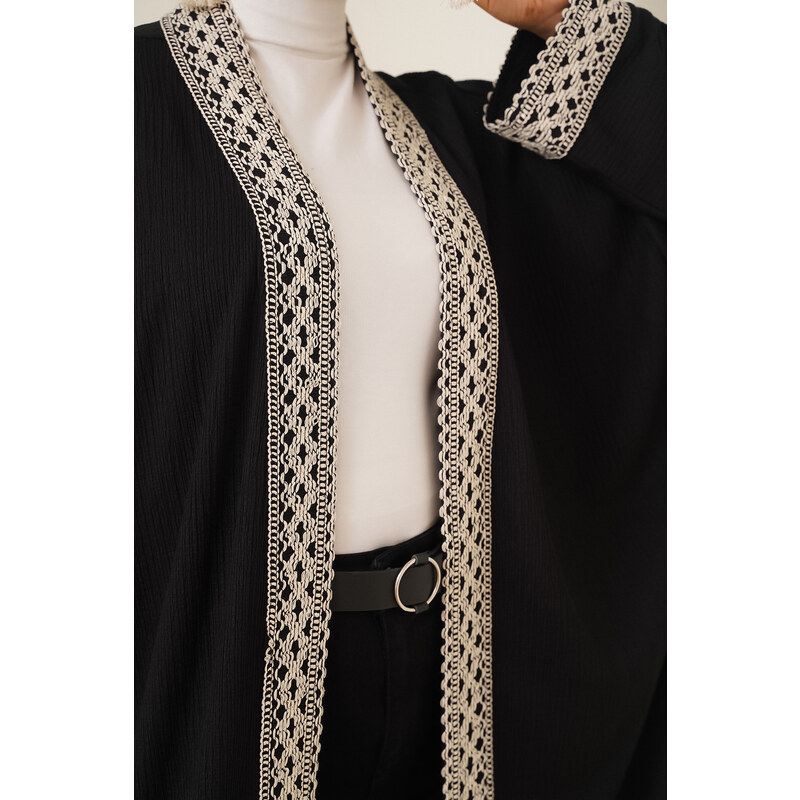 Bigdart 5865 Embroidered Knitted Long Kimono - Black