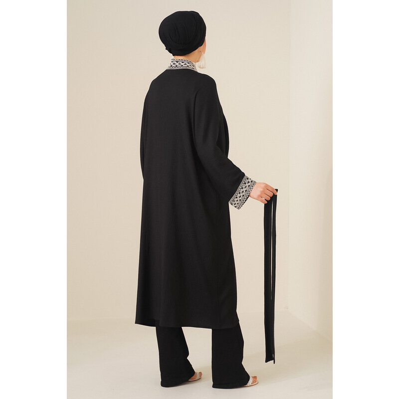 Bigdart 5865 Embroidered Knitted Long Kimono - Black