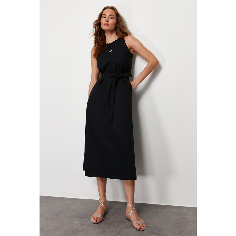 Trendyol Navy Belted 100% Cotton Poplin Pocket Midi Woven Dress