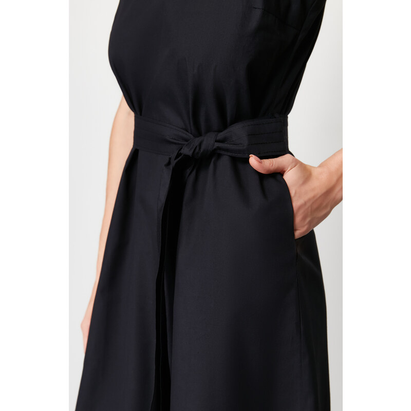 Trendyol Navy Belted 100% Cotton Poplin Pocket Midi Woven Dress