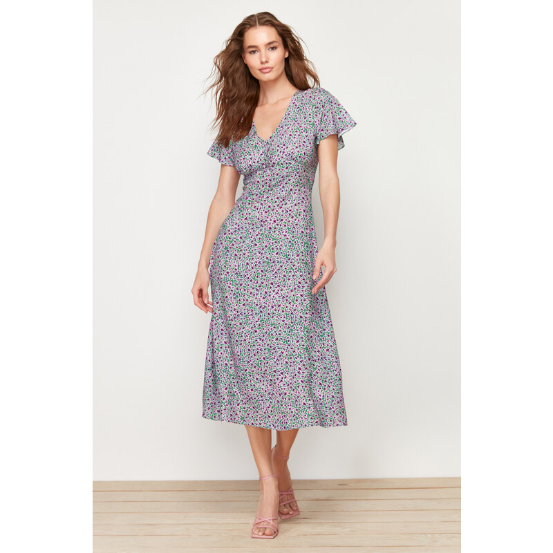 Trendyol Green Floral Pattern A-Line V Neck 100% Viscose Woven Midi Dress