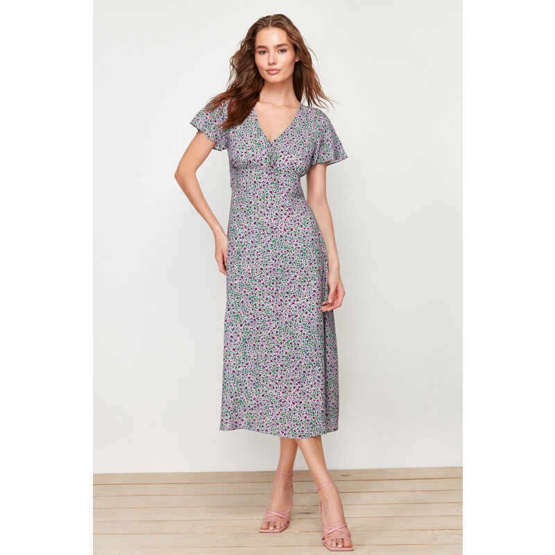 Trendyol Green Floral Pattern A-Line V Neck 100% Viscose Woven Midi Dress