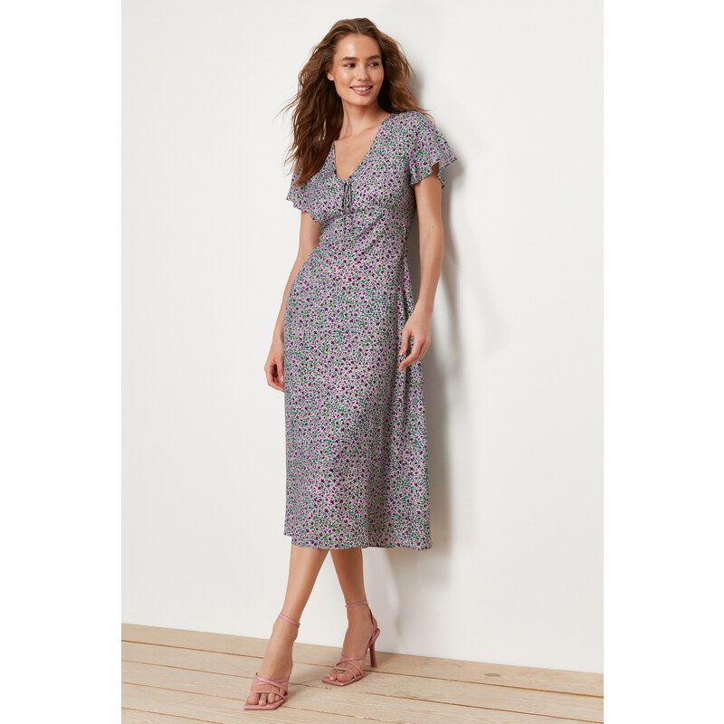 Trendyol Green Floral Pattern A-Line V Neck 100% Viscose Woven Midi Dress