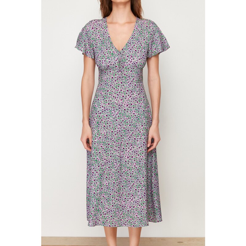 Trendyol Green Floral Pattern A-Line V Neck 100% Viscose Woven Midi Dress