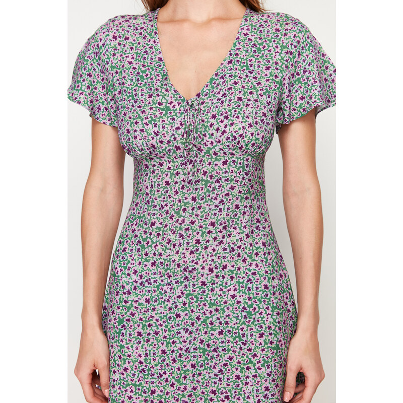 Trendyol Green Floral Pattern A-Line V Neck 100% Viscose Woven Midi Dress