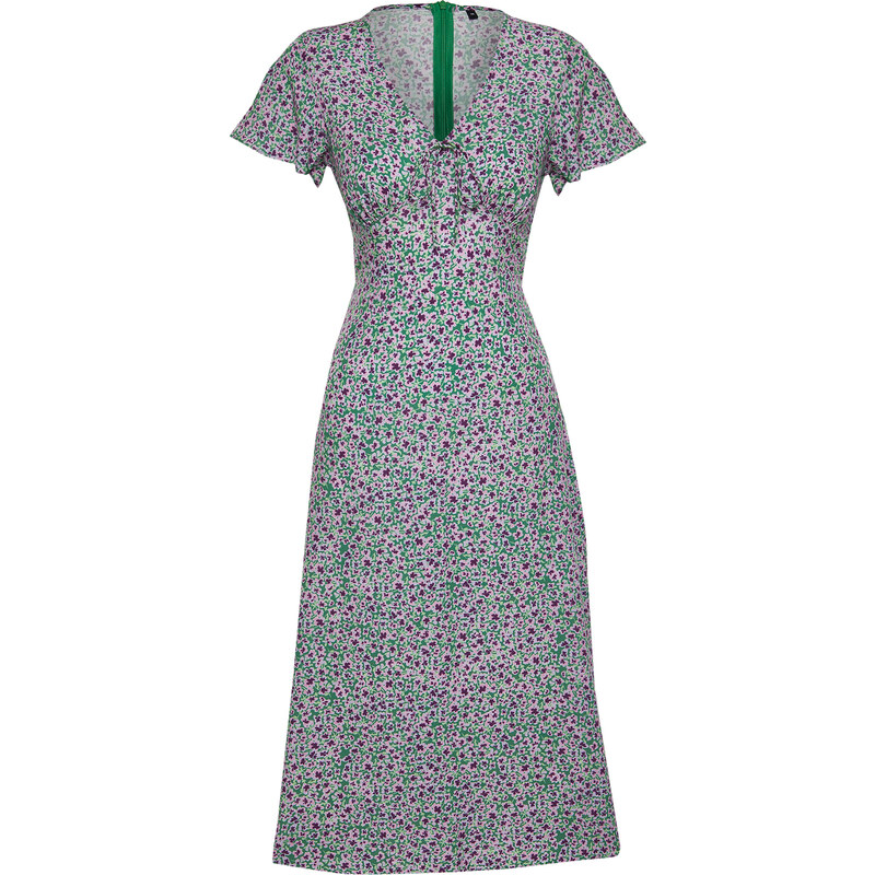 Trendyol Green Floral Pattern A-Line V Neck 100% Viscose Woven Midi Dress