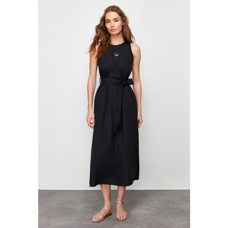 Trendyol Navy Belted 100% Cotton Poplin Pocket Midi Woven Dress