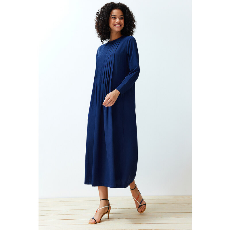 Trendyol Navy Blue Pleat Detailed Comfort Woven Dress