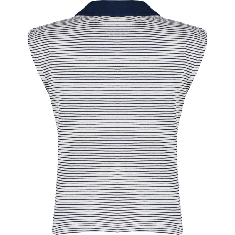 Trendyol Navy Blue Striped Polo Collar Regular/Normal Fit Crop Knitted T-Shirt