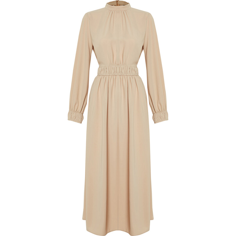 Trendyol Beige Stand Collar Waist and Sleeve Gather Detailed Woven Dress