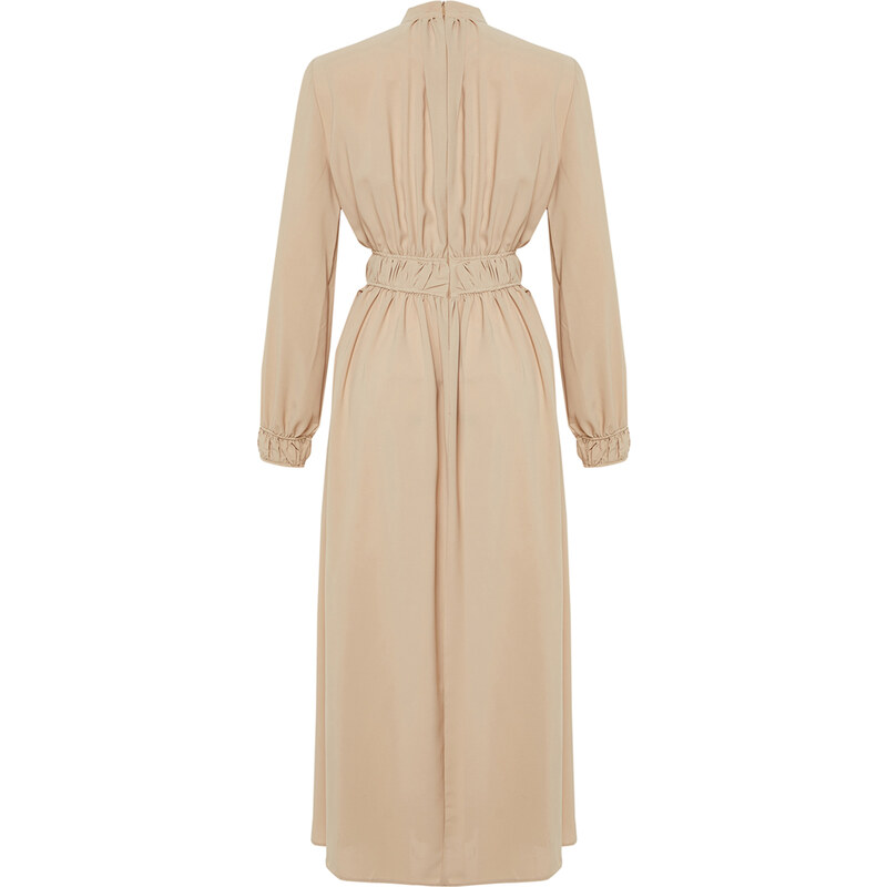 Trendyol Beige Stand Collar Waist and Sleeve Gather Detailed Woven Dress