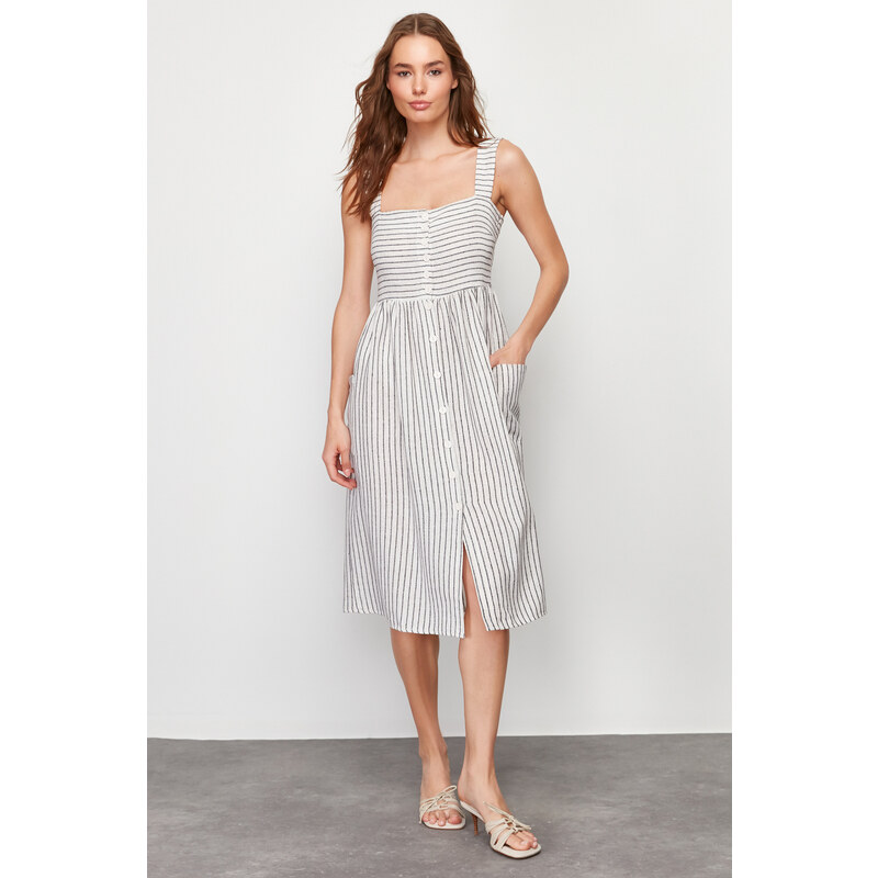 Trendyol Ecru Buttoned Midi Woven Linen Look Dress