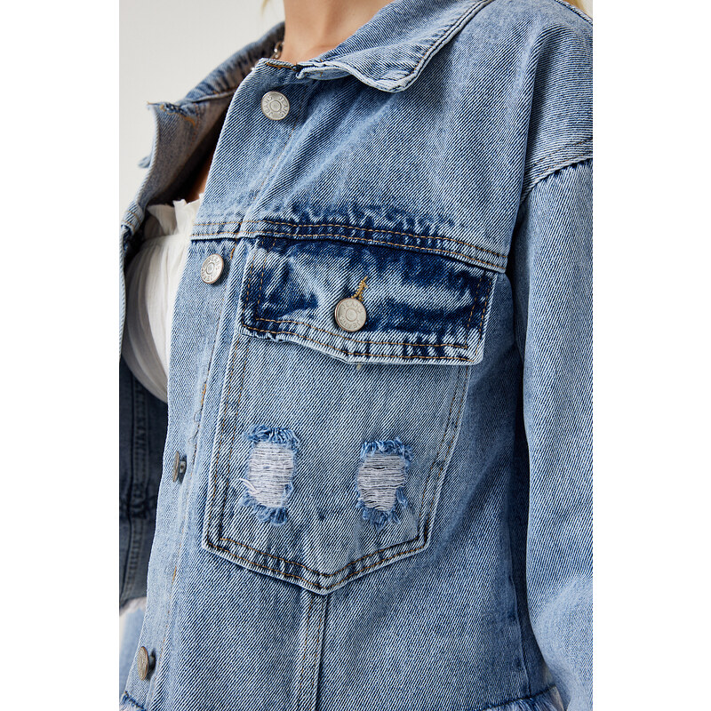 Happiness İstanbul Women's Light Blue Tassel Detailed Denim Crop Jacket