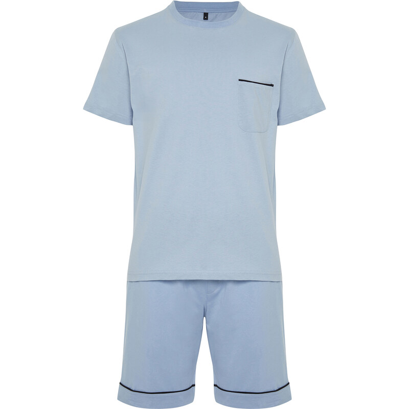 Trendyol Blue Regular Fit Piping Knitted Shorts Pajamas Set