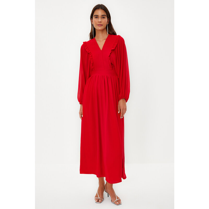 Trendyol Red Minimal Patterned Chiffon Lined Woven Dress