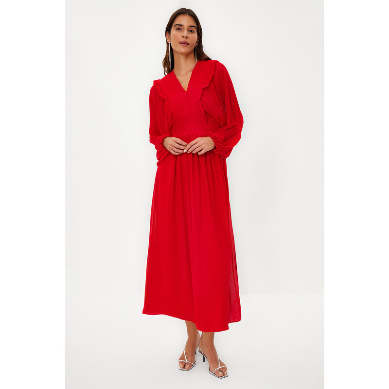 Trendyol Red Minimal Patterned Chiffon Lined Woven Dress