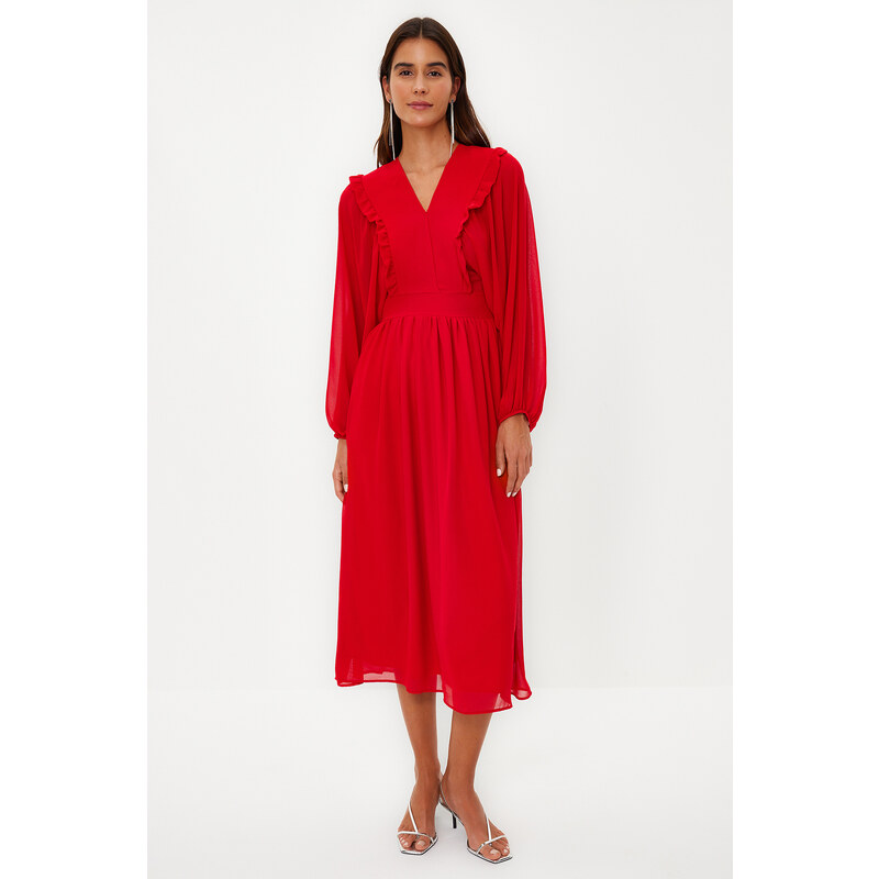 Trendyol Red Minimal Patterned Chiffon Lined Woven Dress