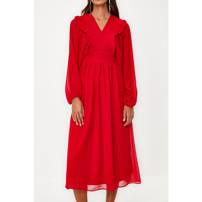 Trendyol Red Minimal Patterned Chiffon Lined Woven Dress