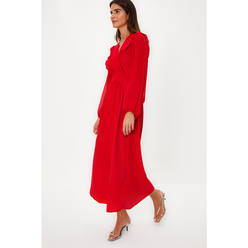 Trendyol Red Minimal Patterned Chiffon Lined Woven Dress