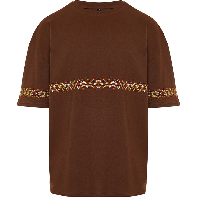 Trendyol Brown Oversize/Wide-Fit Embroidered 100% Cotton T-Shirt