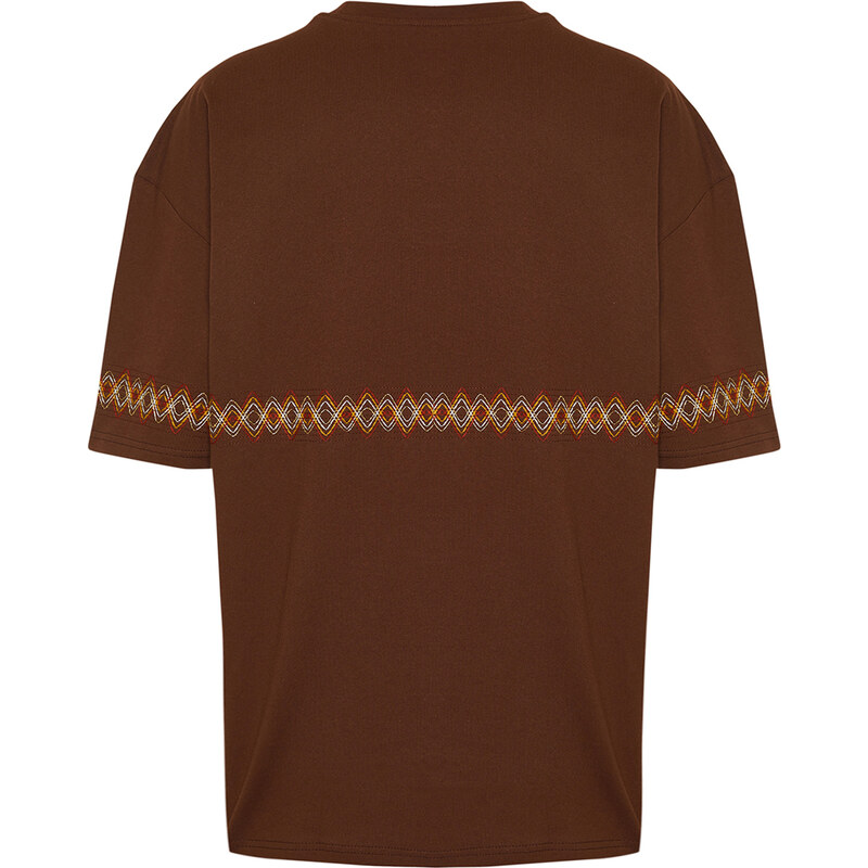 Trendyol Brown Oversize/Wide-Fit Embroidered 100% Cotton T-Shirt