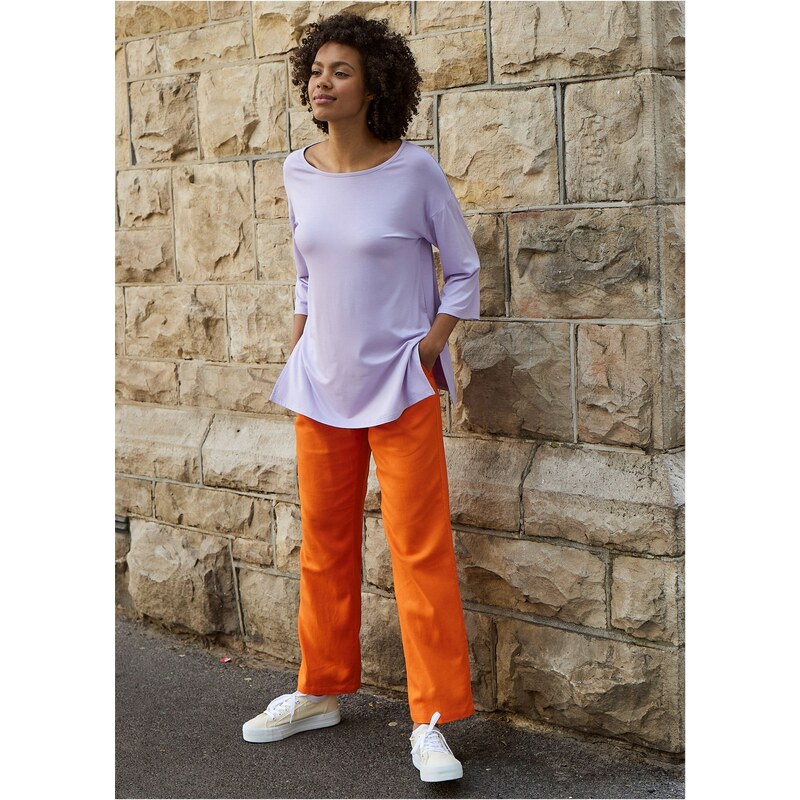 bonprix Zkrácené lněné kalhoty s vysokým pasem a elastickou vsadkou Oranžová